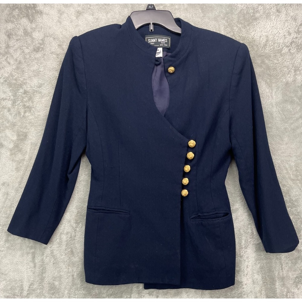 VTG Sunny‎ Names Women's Blazer 14 Navy Gold Buttons Wool